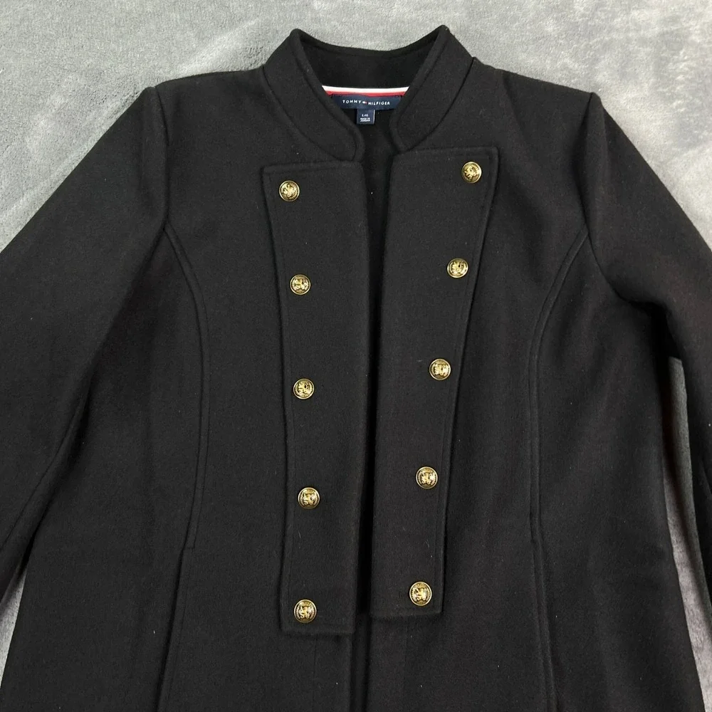 Tommy Hilfiger Womens Black Military Band Double Breasted Open Coat Jacket Large